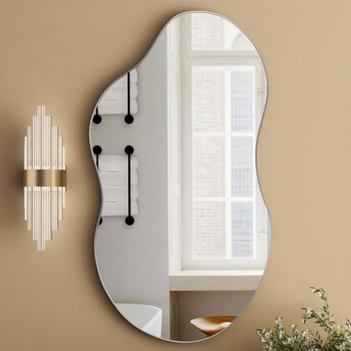 SHYFOY Asymmetrisk spegel – dekorativ väggspegel med MDF-baksida – mått 81 x 49 cm – metallram – stor spegel för vardagsrum hall entré badrum, silver