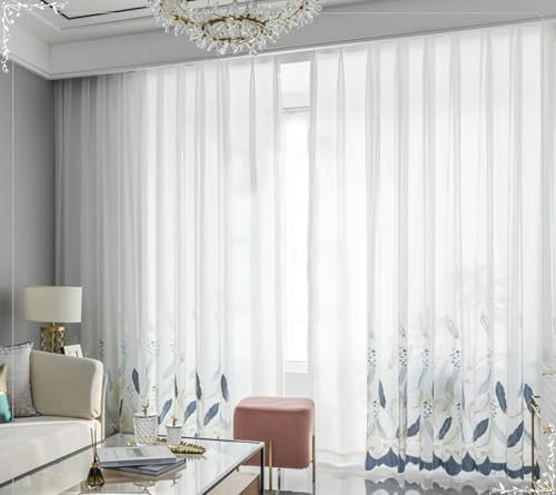 Daesar Vorhänge Lichtdurchlässig mit Haken 132x183CM, Weiß Vorhänge 2er Set Stickerei mit Blau Federn Motiv Gardinen Halbtransparent Schlafzimmer Wohnzimmer Küche