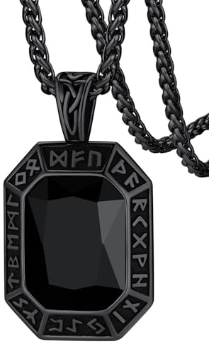 FaithHeart Onyx Schmuck für Damen Herren, Edelstahl Wikinger Rune Halskette mit Onyx Stein，Schutz Amulett für Mama Papa Geliebte