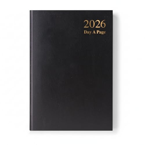 ZOPPER A5 2026 Day a Page Diary Black Hardback Casebound Daily Planner with Ribbon Marker Full Year Organiser for Home, Office, Business & Personal Use