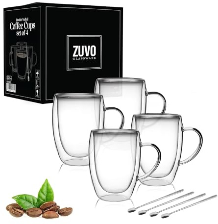 Zuvo Double Walled Coffee Cups Glass Mugs with 4 Spoons, Cappuccino Latte Tea Cups with Handle (Pack of 4), Heat Resistant Drinking Cup with GIF Ready Box