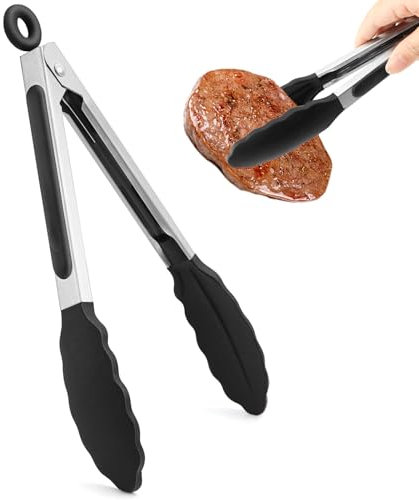 21cm Grillzange Hitzebeständige, Küchenzange aus Edelstahl, Kochzange mit Silikonspitze, Zange Küche mit Hitzebeständigem, Fleischzange, ideal zum Kochen und Grillen (Schwarz)