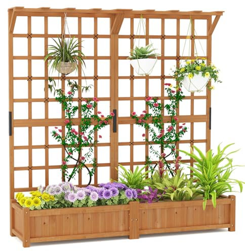 TANGZON Wooden Planter with Trellis, Freestanding Raised Garden Bed for Vine Climbing Plant Flower, Outdoor Elevated Trough Planter Support Box (with Hanging Roof,Orange, 180 x 48 x 183cm)