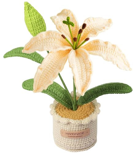 Magicherry Plantas de lirio de ganchillo en maceta, flores de lirio falsas para amigos, familiares y amantes, flores artificiales hechas a mano para cumpleaños y decoración del hogar, color amarillo