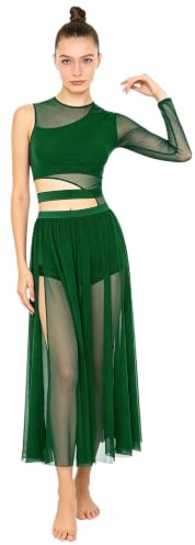 CHICTRY Lyrisches Kleid Damen Modern Dance Tanzkleid EIN Schulter Ballettkleid Cut Out Body Mesh Patchwork Trikot Mit Chiffon Schlitz Rock Dancewear