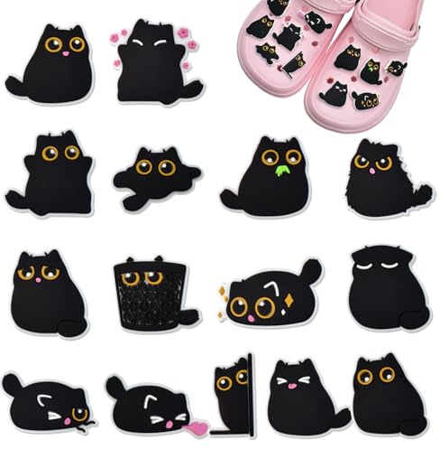 Onperpoe 15 Stück Schwarze Katze Schuh Charms für Clogs DIY Schuhanstecker Schuhanhänger Dekoration Schuhdekoration Shoe Charm Anstecker für Erwachsene Frauen Kinder Mädchen