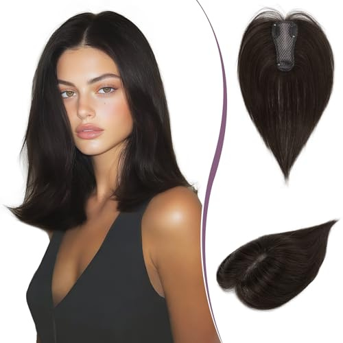 RUWISS Haar Toppers Echthaar für Damen Dunkelbraun Hair Topper Leichtes Clip in Haarteil für Frauen Glatter Hair Topper ohne Pony