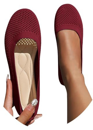 Famzuneu schuhe für breite füße damen elegant, Ballerinas Bequem Slip On Ballerina Rutschfest Flache Stricken So mmerschuhe Trachtenschuhe Sommer Elegant Dirndl Weiche Tanzschuhe, Rot, 38