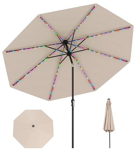 COSTWAY Sombrilla Terraza Exterior 3x3 m, Parasol Jardin con 96 Luces LED, 9 Modos, Ajuste de Inclinación 35°, Manivela, 8 Varillas, Tapa Ventilada, Sombrilla para Patio(Beige-Luz Multicolor, Ø300 cm)