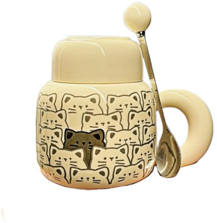 HUMOCHUSON 450Ml Ceramic Cat Breakfast Milk Coffee Cup With Lid And Spoon - Milky White