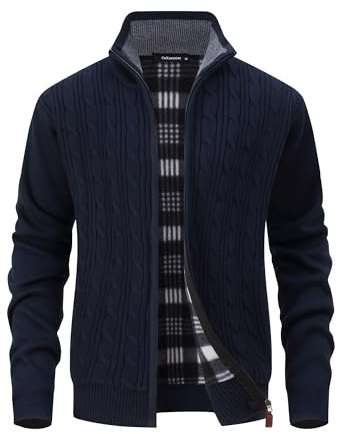 CoXuantion Herren Rippenstrick Strickjacke Stehkragen Fleecejacke Winter Warm Strickjacke Langarm Strickpullover Cardigan Full Zip Grobstrickjacke mit Taschen XL,Blau