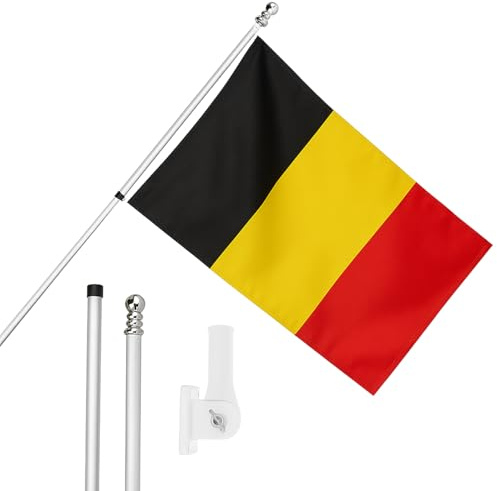 I LOVE FANCY DRESS Drapeau de Belgique, mât et support mural – Drapeau belge de 1,5 x 0,9 m avec œillets, mât extensible et support – Décoration intérieure et extérieure