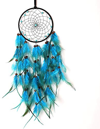 Acchiappasogni di grandi dimensioni con acchiappasogni azzurro, decorazione da parete, piume, ciondolo in pietra, fatto a mano, ornamento da appendere per camera da letto soggiorno casa (H 60 cm (con