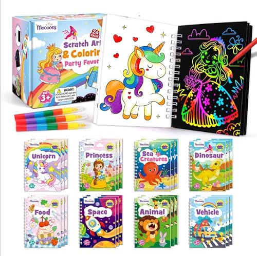 Mocoosy 24 Scratch Art & album da colorare per bambini, Libro da grattare a doppia faccia set da disegno e pittura per bambini Regalini Fine Festa attività, Premi Alunni regali di compleanno 3-12 Anni