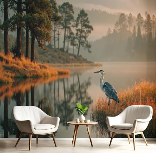Carta Da Parati Effetto 3D Mattina Presto Nebbia 400×280cm, Fotomurali Non Tessuto XXL, Decorazione Poster Arte Murale Natura Foresta Airone per Casa Ufficio Camera Letto Soggiorno