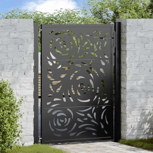 Porte de clôture - Portail à double battant - Noir - 105 x 130 cm - En acier - Design flamme - Pour terrasse et jardin