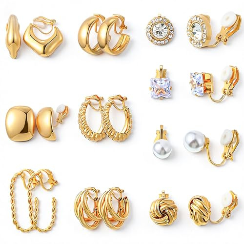 10 Paar Clip Ohrringe Gold Ohrclips Damen Ohne Ohrlöcher Hypoallergen Ohrklipser Mädchen Mit Dicken Creolen Und Steckern Statement Klipp Ohrringe Clips Fake Ohrring Set Fake Earrings | Für Damen, 14 Karat vergoldet, trendig, Clip-on-Creolen, kein Piercing