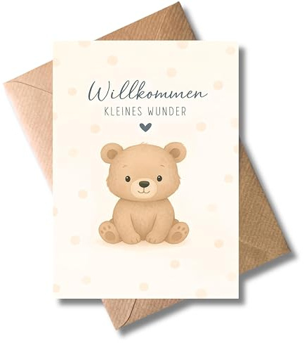 WBdesignz Willkommen Kleines Wunder Geburtskarte mit Umschlag - mit süßem Bärenmotiv - Niedliche Glückwunschkarte zur Geburt für Mädchen & Jungen, unisex Neugeborene, Eltern (DIN A6)