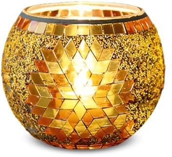 Mosaik Glas Kerzenhalter, Glas Teelichtgläser, Glas Kerzenständer, Gelb | Vintage Crack Stil, 10,3 x 8 cm, Romantischer Votivkerzenhalter für Zuhause, Hochzeit, Geburtstag und Weihnachten