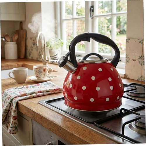 Bouilloire à thé sifflante pour cuisinière, bouilloire à thé en acier inoxydable de 3, 2 litres, théière pois avec poignée ergonomique Cool Touch rouge, statues de vacances