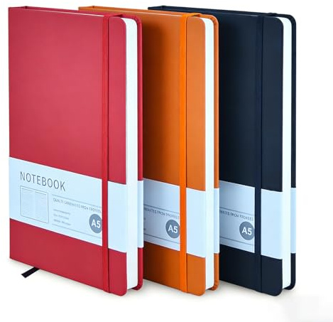 Filltown 3 Stück A5 Notizbuch, 200 Seiten 80GSM A5 Liniert Notizblock, Hardcover Notizbücher, Tagebuch mit Gummiband und Leseband für Büro, Studium & Alltag, Schwarz+Orange+Rot