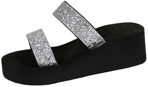 Generisch Zapatos de verano para mujer y mujer, tacones altos, lentejuelas, pantuflas de verano, con fondo grueso, una palabra, arrastre fresco femenino, plata, 37 EU