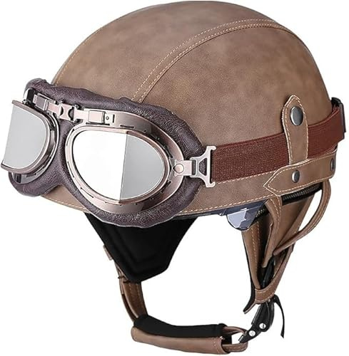KKVGP Retro halvhjälm for motorcykel i tysk stil med glasögon, Retro hjälmar med öppet ansikte DOT/ECE-godkända, Vuxna män kvinnor Keps for cykelkryssarscooter(5,M=57~58cm)