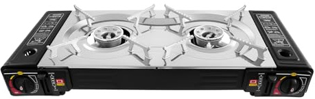 TCICOP Fornello a gas da campeggio a 2 fuochi, 2500 W, fornello da campeggio con piastra grill, 2 in 1 butano GPL portatile con accensione piezoelettrica, per attività all'aperto