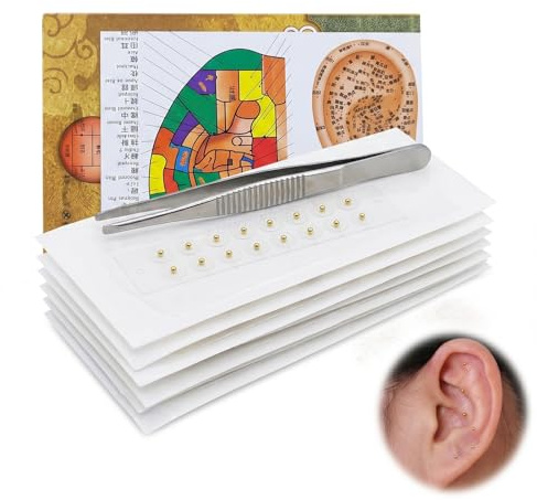 100 guldöronfrön för hörlurar med karta och pincett, akupresskit med osynliga klara lappar, 1,2 mm pärlor för öronmassage och stresslindring