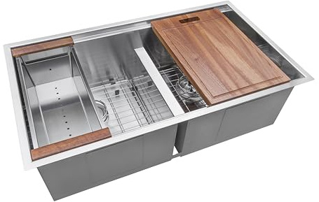 Ruvati 33-inch Workstation Ledge 50/50 Double Bowl Undermount kitchen sink with Brushed Finish - 16 Gauge Stainless Steel Kitchen Sink - Workstation Kitchen Sink - RVH8350