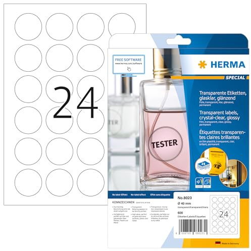 HERMA 8023 Wetterfeste Folienetiketten transparent rund, 25 Blatt, Ø 40 mm, 24 pro A4 Bogen, 600 Stück, selbstklebend, bedruckbar, glänzend, blanko Klebeetiketten Aufkleber aus Folie, durchsichtig