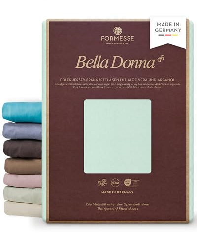 Bella Donna Jersey edles Spannbettlaken: blickdicht, glatt, kein Pilling | FORMESSE Farbe Pastellgrün; 180x190-200x220cm, bis 30cm; 97% Baumwollzwirn, 3% Elastan; Aloe vera&Arganöl, intensive Farben