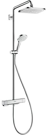 hansgrohe Croma E - Duschsystem mit Thermostat, Regendusche (280 x 170 mm) mit Armatur, Handbrause (3 Strahlarten), Schlauch, Brausestange und eckiger Kopfbrause (1 Strahlart), Chrom, 27630000