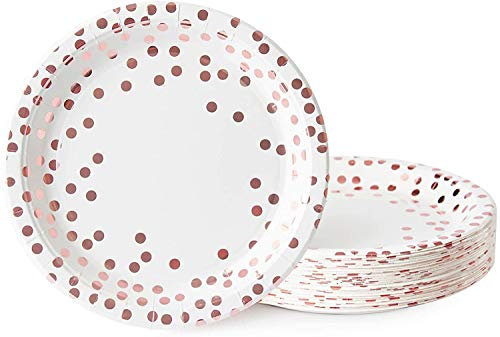TOPWAYS Polka Rose Gold Dot Birthday Decorations Paper Plates, Disposable Paper Party Plates Tableware for Girls Women Birthday Party, Wedding, Picnics, Anniversary Decorations, Pack of 48 (7inch)
