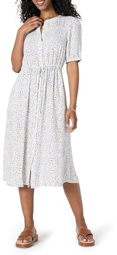 Amazon Essentials Vestido Midi Evasé de Corte Holgado, Transpirable, de Media Manga, con Botones en la Parte Delantera, Cintura con Cordón y Bolsillos Mujer