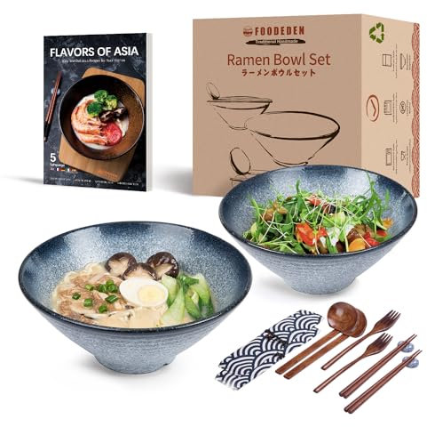 Ramen Soup Bowl Set, 2×1000ml Ceramic Large Noodle Bowl with Chopsticks, Spoons, and Forks, for Soup, Pho, Udon, Cereal, Rice, Fruits and Salad, Japanese Hand-made Housewarming Gift for Men and Women