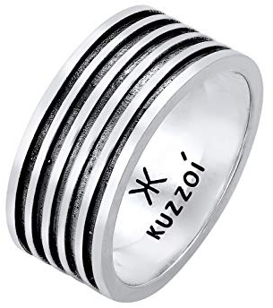 Kuzzoi Herrenring oxidiert Bandring massiv (10 mm) 925 Silber Vintage | Herren Schmuck Accessoire mit Rillen Struktur Markanter Ring für Männer in der Ringgröße 60–66
