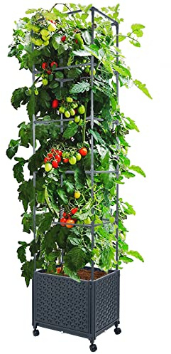 LINEX, Maceta elevada de jardín con enrejado de 172 cm, para plantas trepadoras, tomates, verduras, flores de vid, al aire libre, jaula de tomates con riego automático y ruedas