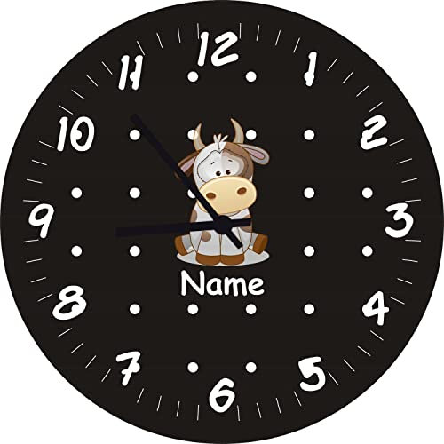 Shirtinstyle Kinderzimmeruhr mit Tiermotiv Kuh mit Wunschnamen Geschenk Uhr Kinder Handmade Wanduhr Wunschtext Name, 20cm, Farbe Schwarz