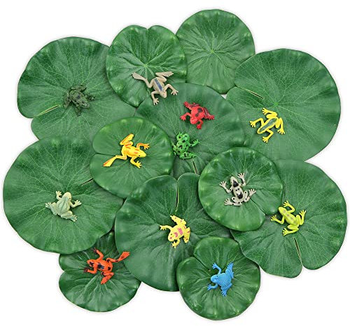 Kelamayi Artificial Lily Pads Set Includes 12pcs Mini Realistic Frogs and 12pcs Artificial Floating Lotus Leaves for Pond Fountain Garden Pool Fish Pond Aquarium Decoration