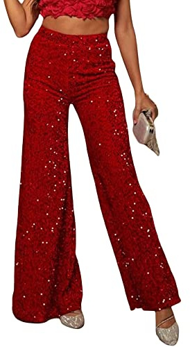 Acrawnni Damenhose mit Pailletten, hohe Taille, Glockenunterteil, glitzernd, weites Bein, glänzend, Clubwear zum Ausgehen