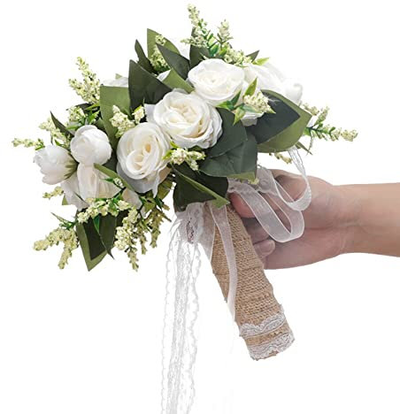 Surakey Bouquet De Mariée Champêtre, Bouquet De Mariée Mariage Rose Fleur Artificielles avec Ruban Dentelle, Bouquets De Mariage Artificielle, Bouquet De Roses Artificielles Décoration De Maison