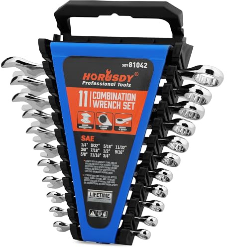 HORUSDY 11-Piece SAE Combination Wrench Set, 1/4''–3/4'' 12-Point Open End and Box End Wrench Kit with Organizer, Chrome Vanadium Steel Tools for Mechanics, Garages and Workshops