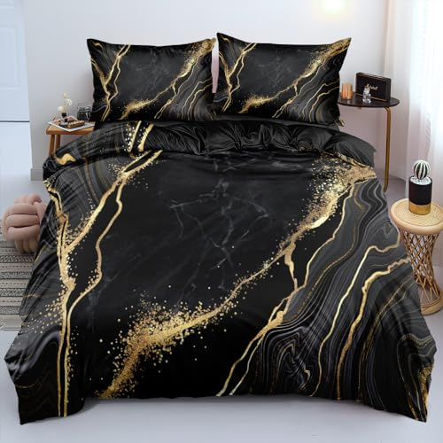 DXHOME Bettwäsche Schwarz 200x200 Gold Muster Marmor Aesthetic Bettwäsche Set 3teilig Weiche Mikrofaser Wendebettwäsche Luxus Bettbezug mit Reißverschluss und 2 Kissenbezüge 80 x 80cm