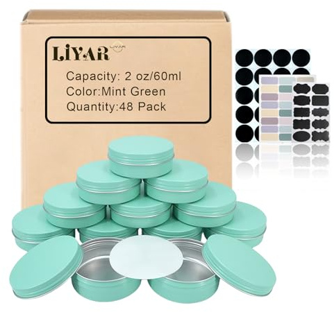 LIYAR 2 oz Tins with Lids for Salve 48 Pack Salve Tins 2oz Tins Container Round Cosmetic Tin Jars Ideal Candle Jars Aluminum Tin Cans with Screw Lids for Powder, Spice,Salve,Candles(Mint Green)