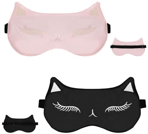 2Pcs Seidene Augenmaske Schlafmaske Katze Augenmaske Nachtmaske | Seiden Augenmaske mit Verstellbarem Gummiband für Frauen und Herren