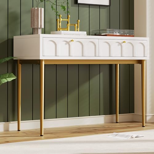 Merax Modern Desk with Arched Drawer Fronts, Dressing Table with Golden Metal Legs, Makeup Storage for Bedroom Living Room, Cream White, 100 x 45 x 76.5cm