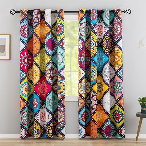 Tyrot Bohemian 100% Blackout Curtains for Bedroom 63 inch Length 2 Panels Set Boho Colorful Mandala Thermal Insulated Room Darkening Window Drapes Patterned Black Out Curtains for Living Room, 52Wx63L