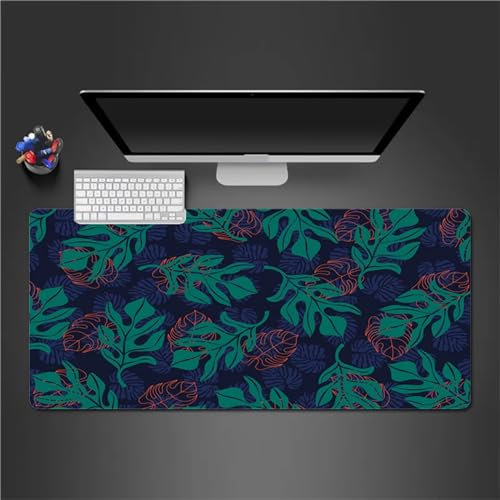 QiHon Gaming Mauspad XXL Tropisches Grünes Blatt Großes Mauspad Schreibtischauflage mit Vernähte Kanten Einer speziellen Oberfläche verbessert Geschwindigkeit und Präzision 600x300x2mm