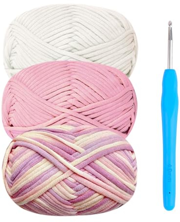 Tjockt bomullsullgarn för virkade nybörjare – 3 x 50 g startkit med 4 mm krok, enkelt Amigurumi-garn – rosa